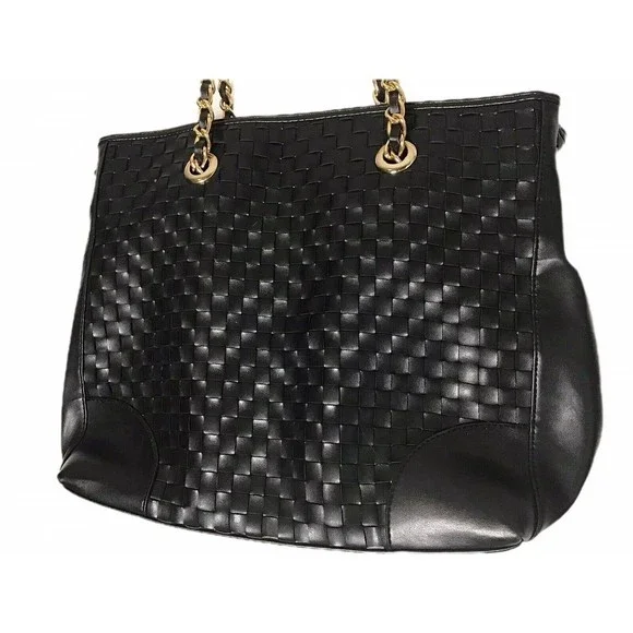 Joan Rivers Slouchy Black Faux Leather Woven Tote Shoulder Bag Gold Chain Strap - Picture 2 of 9